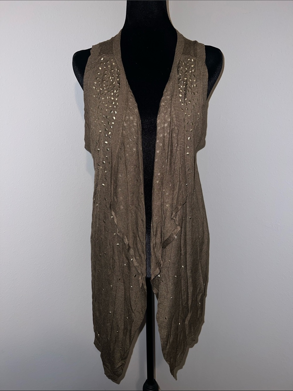 Sleeveless Open Front Knit Vest with Stud Detail